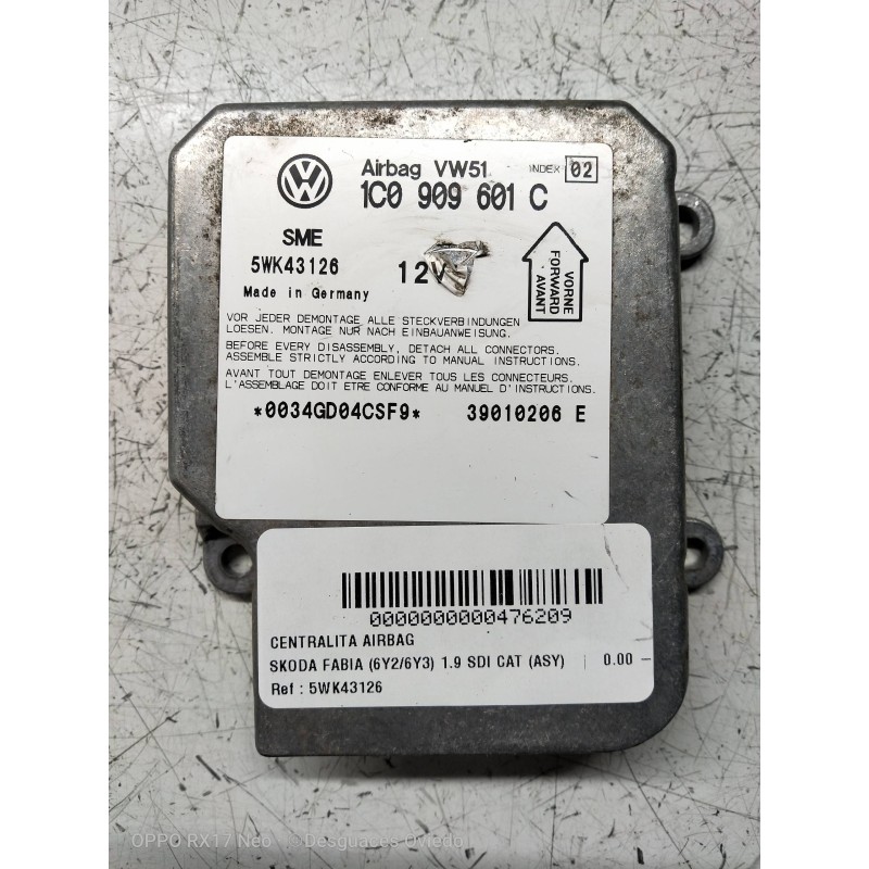 Recambio de centralita airbag para skoda fabia (6y2/6y3) 1.9 sdi cat (asy) referencia OEM IAM 5WK43126 1C0909601C 39010206E