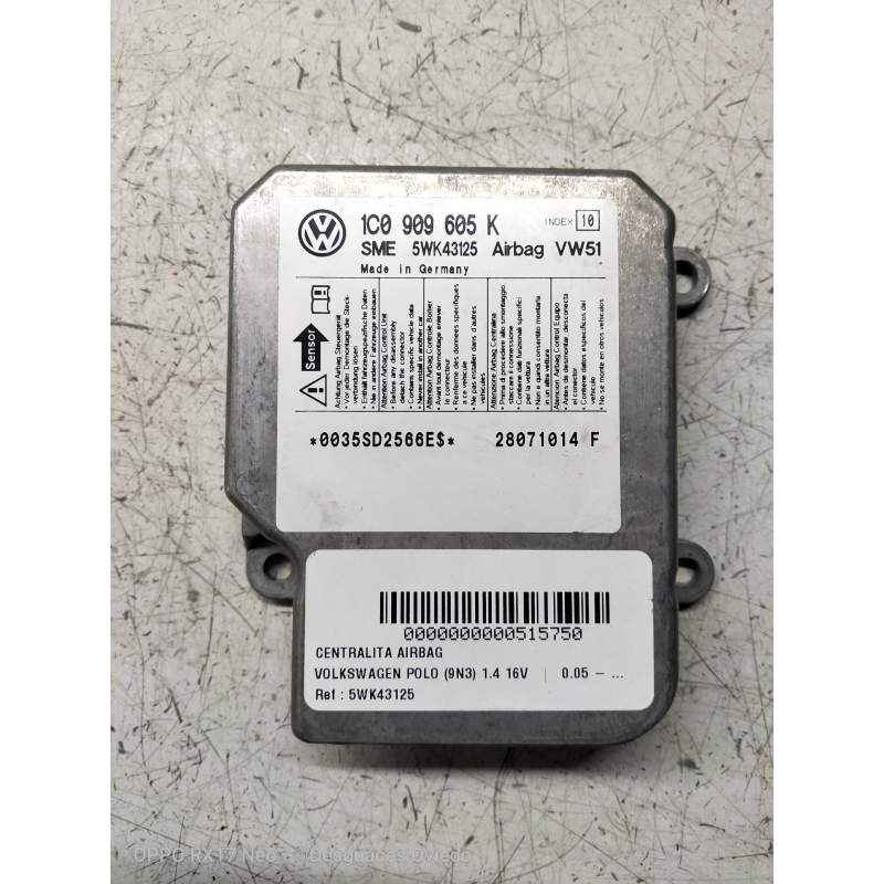 Recambio de centralita airbag para volkswagen polo (9n3) 1.4 16v referencia OEM IAM 5WK43125 1C0909605K 28071014F