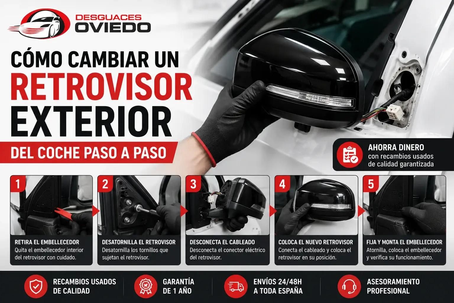 Cómo cambiar un retrovisor exterior del coche paso a paso